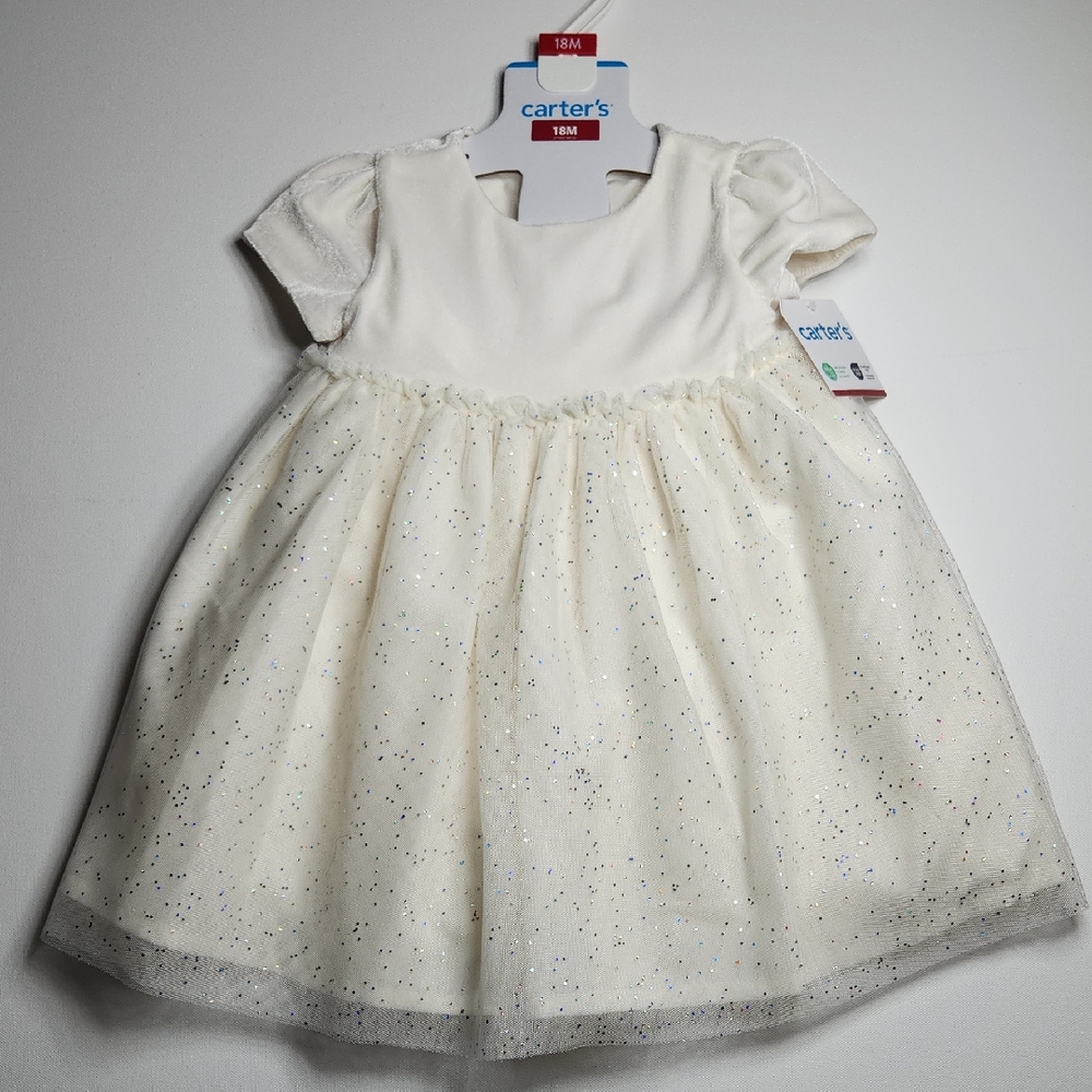 Carter’s Baby Girl Holiday Dress & Bloomer Set – 18M White Sparkle Tulle NWT